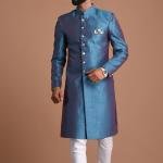 Handmade Royal Blue Leaf Pattern Brocade Silk Sherwani | Elegant Ethnic Wear | Jaipurio